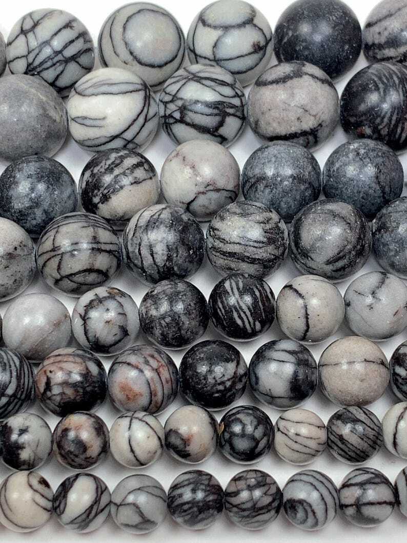 Natural Black Spider Web Stripes Jasper Smooth Round Beads 15.5″ Strand Gemstone