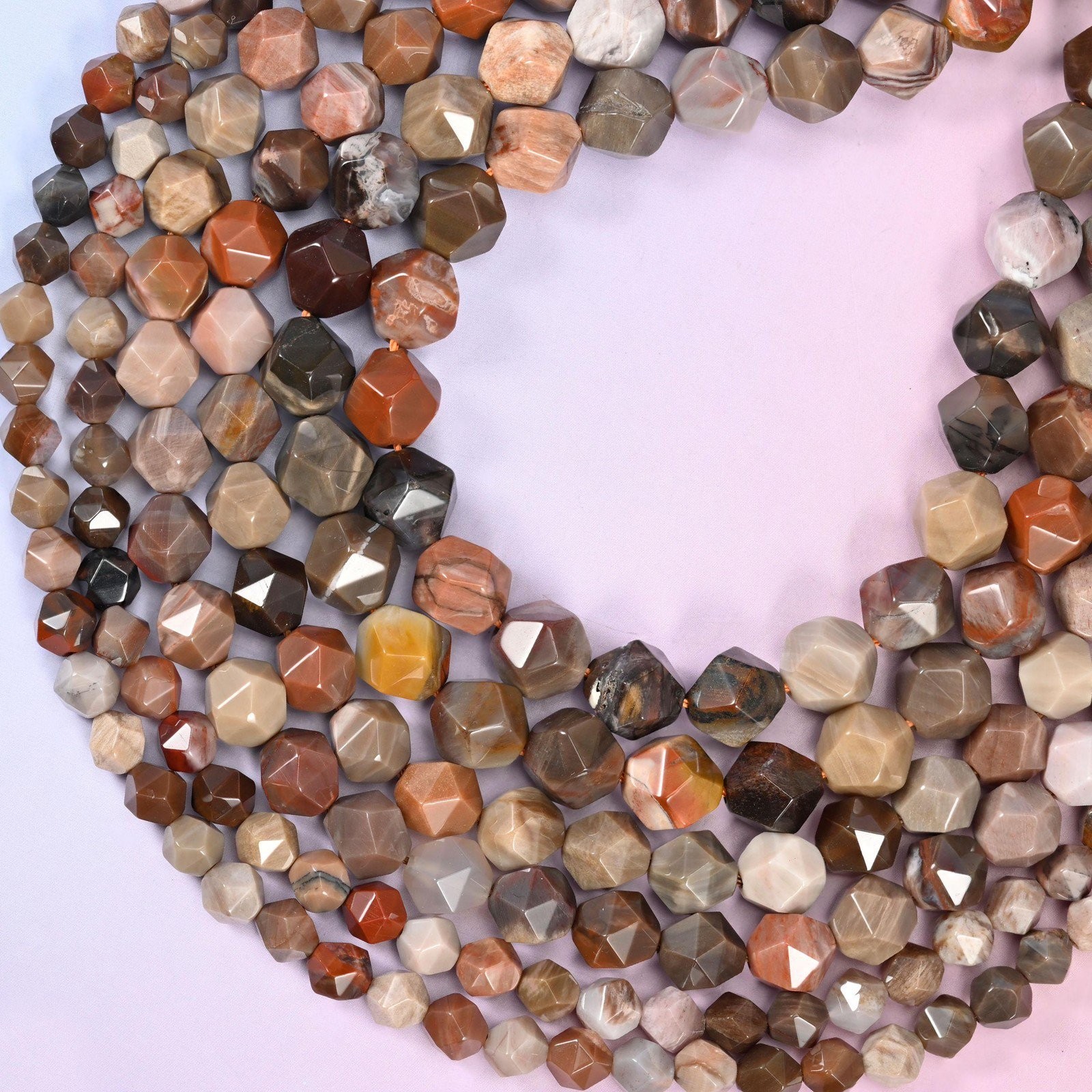 Petrified Wood Beads: Faceted Diamond Star Cut, 6-10mm, 15.5 inch Strand