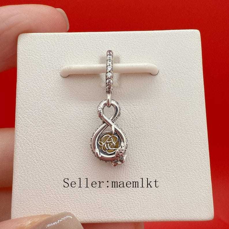 Sterling Silver Belle Infinity & Rose Flower Charm,Beauty and the Beast Charm