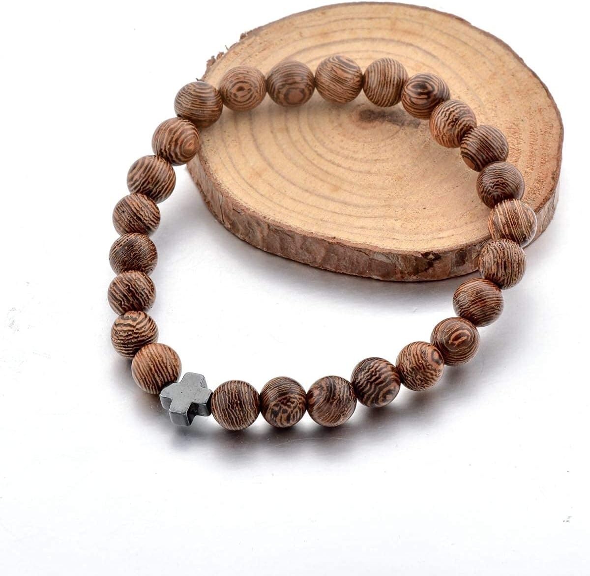 Christian Prayer Beads Bracelet 25 8mm Wooden Beads Cross Adult Men Women