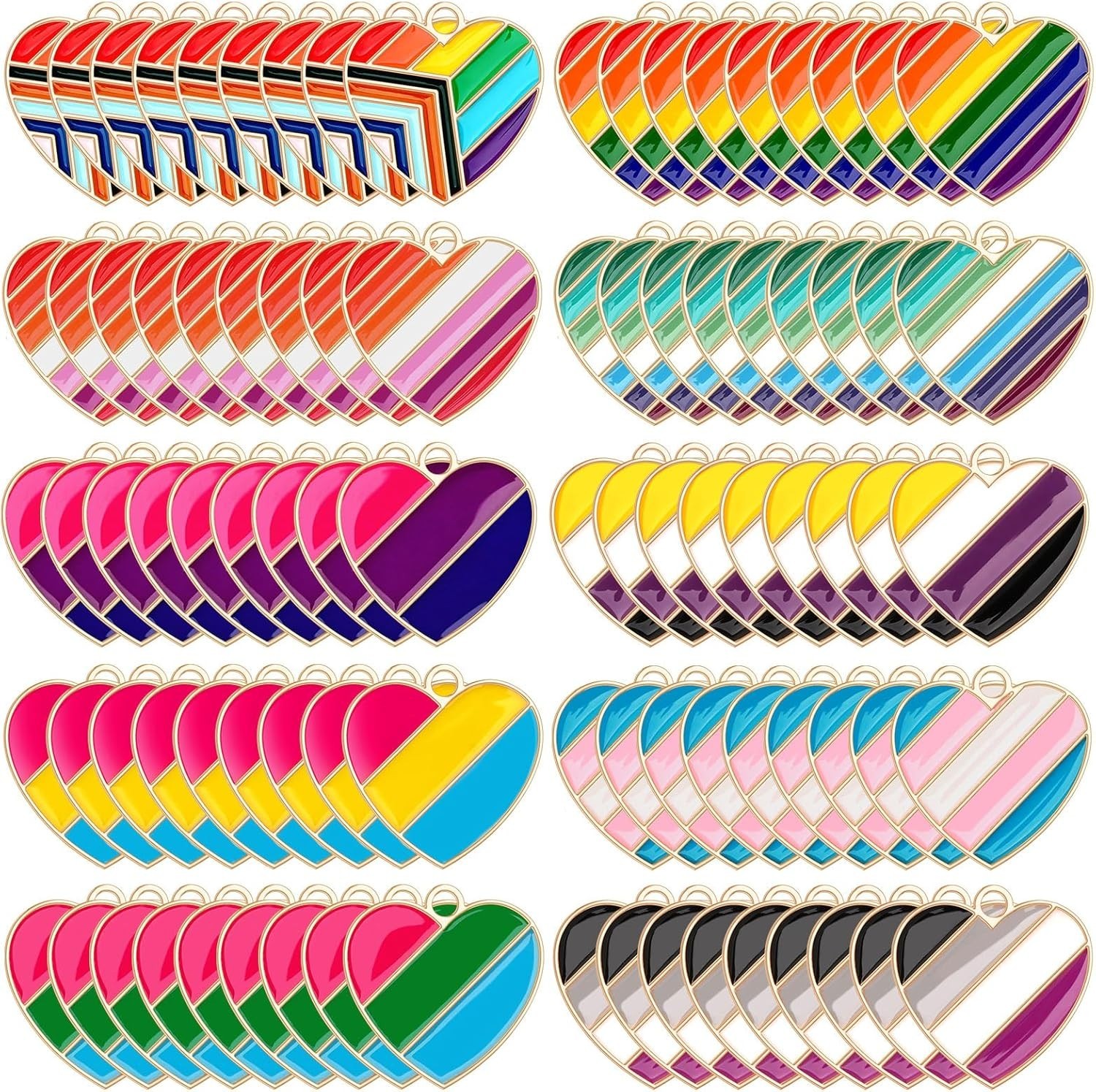 90Pcs Pride Heart Charms Rainbow Heart Alloy Enamel Charms Stripe Pendant for…