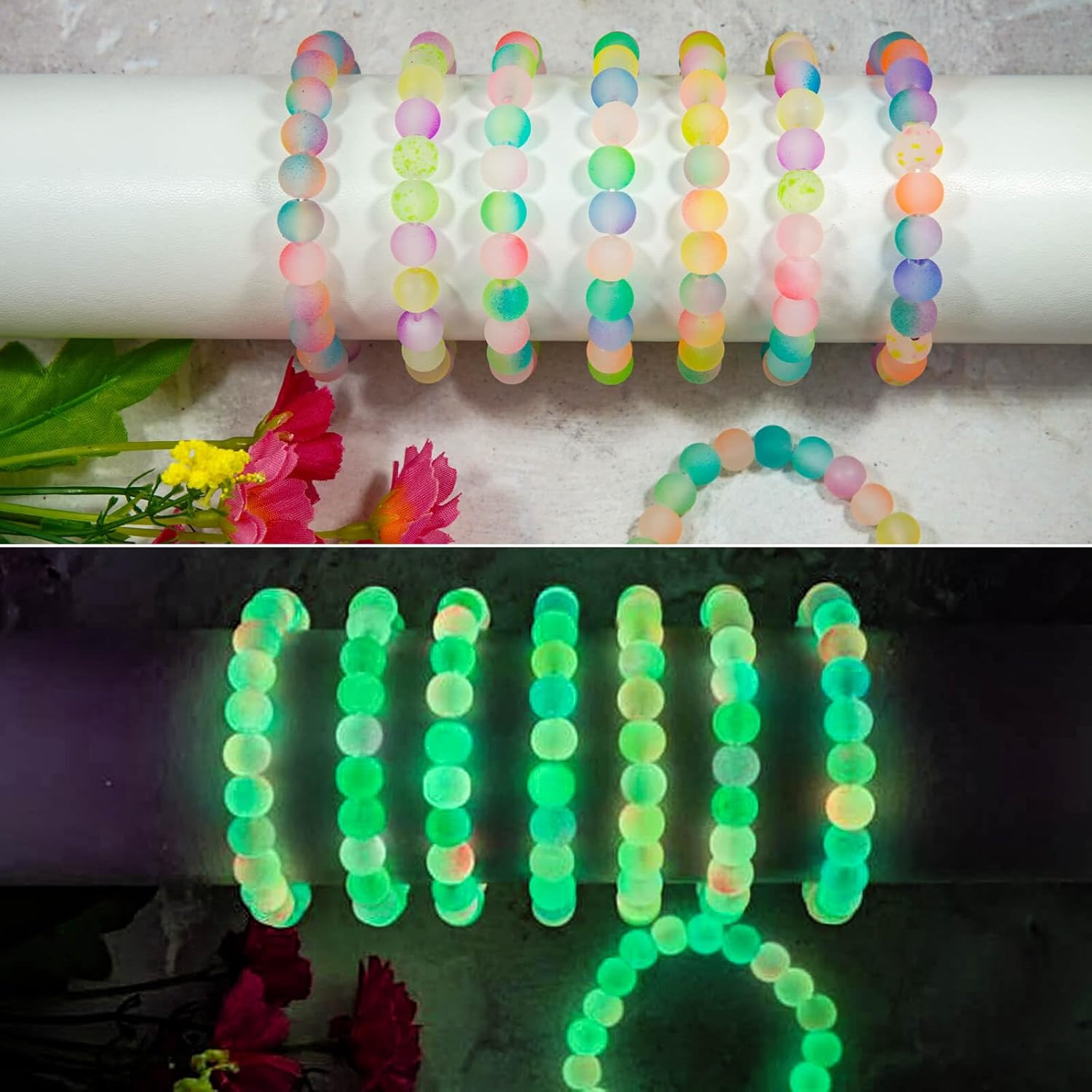 Glow in the Dark Glass Beads for Jewelry Making, 600Pcs 8MM 24 Grids Crystal Gem