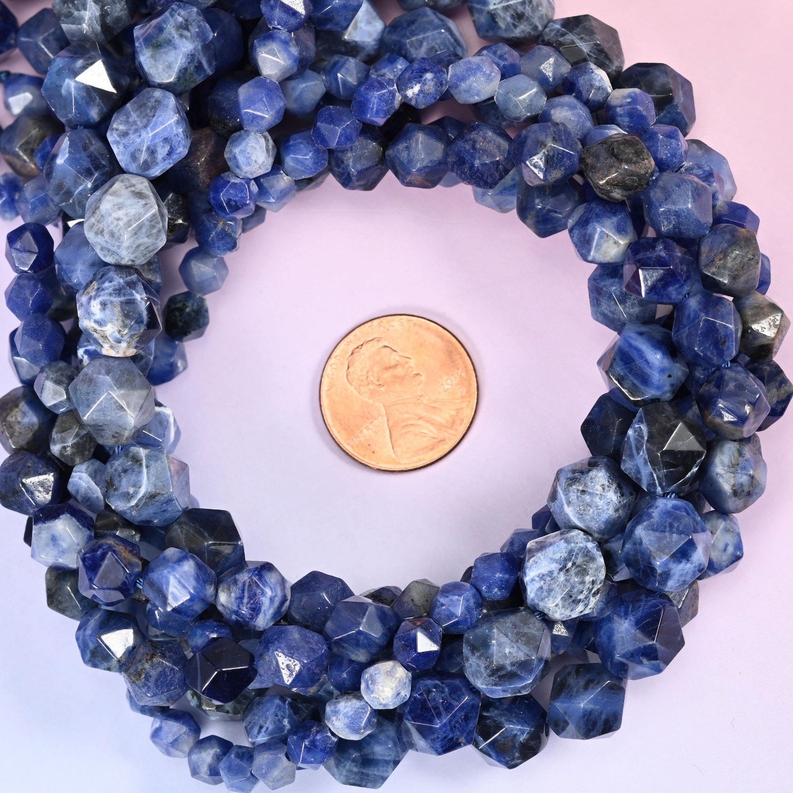 Blue Sodalite Beads: Faceted Diamond Star Cut, 6-10mm, 15.5 inch Strand