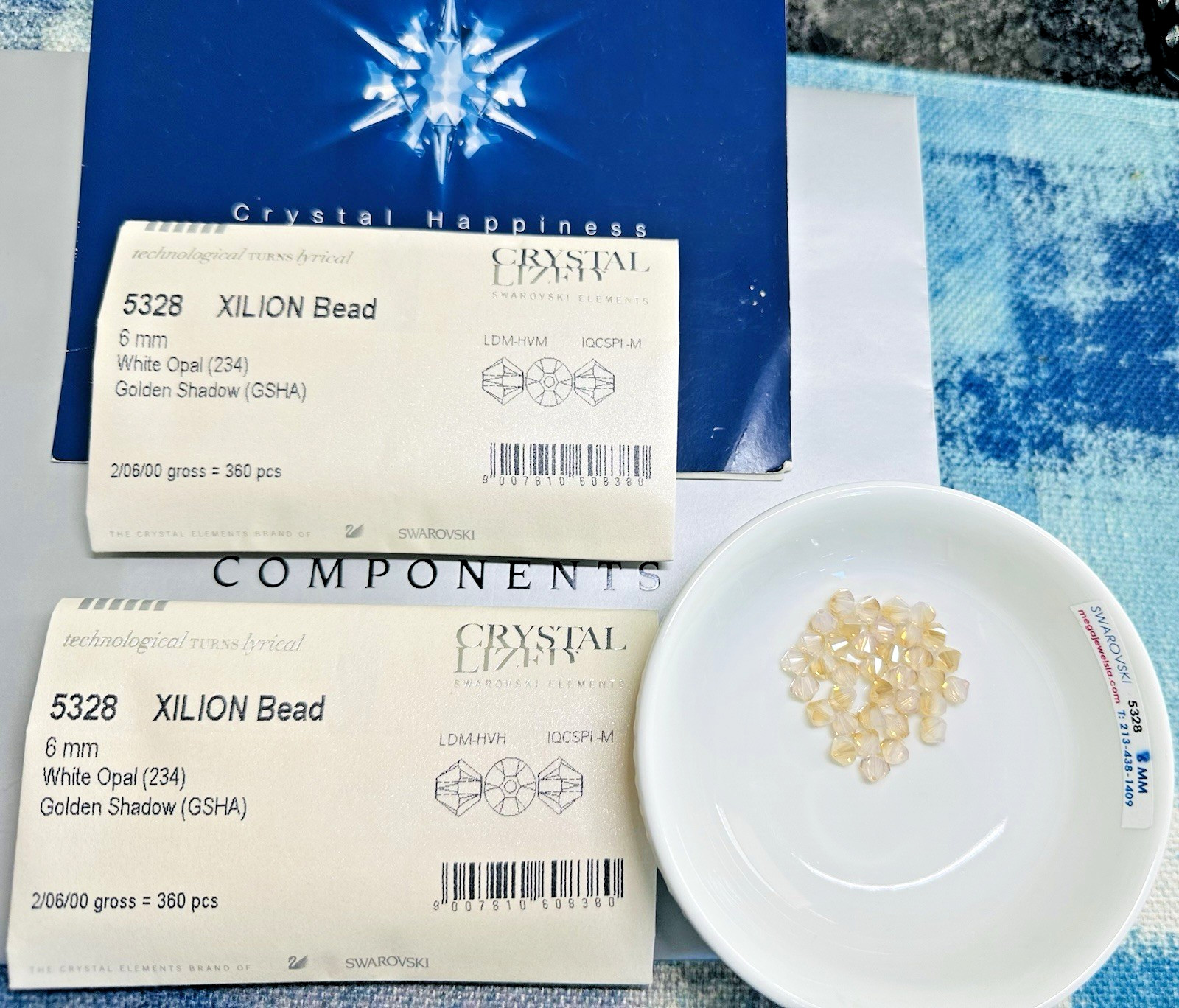 Swarovski 5328 6mm White Opal Golden Shadow Austrian bicone beads 360pcs packs