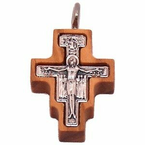 Olive wood Cross with Embedded pewter Cross – San Damiano model (2.3 cm – 0.9″)