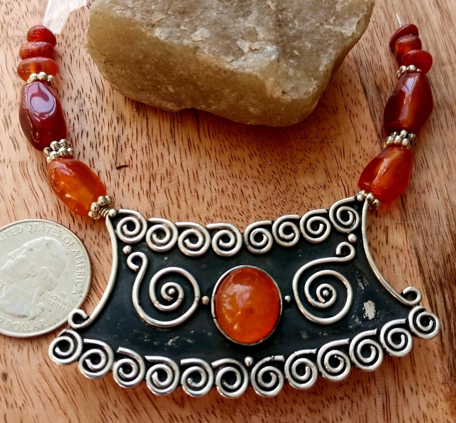 Sri Lanka 925 Antique Carnelian 3 Hole Pendant + Carnelian Loose Pebbles