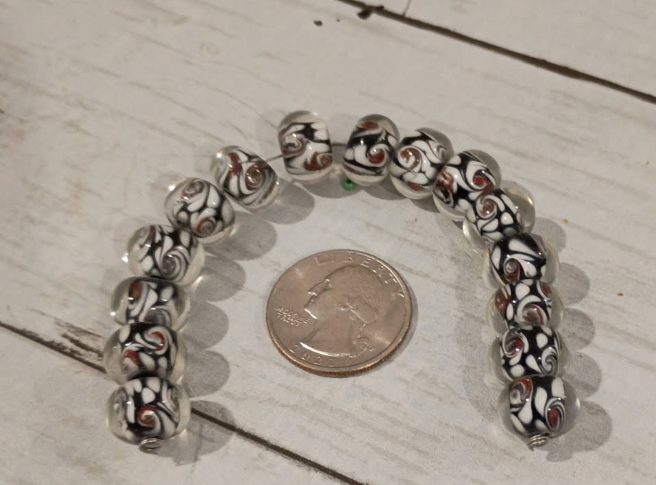 15Q Glossy Black White and red Handmade Lampwork Glass Beads