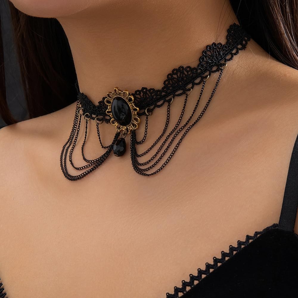 Women Boho Fashion Prom Shinny Crystal Punk Black Lace Chunky Choker Necklace Da