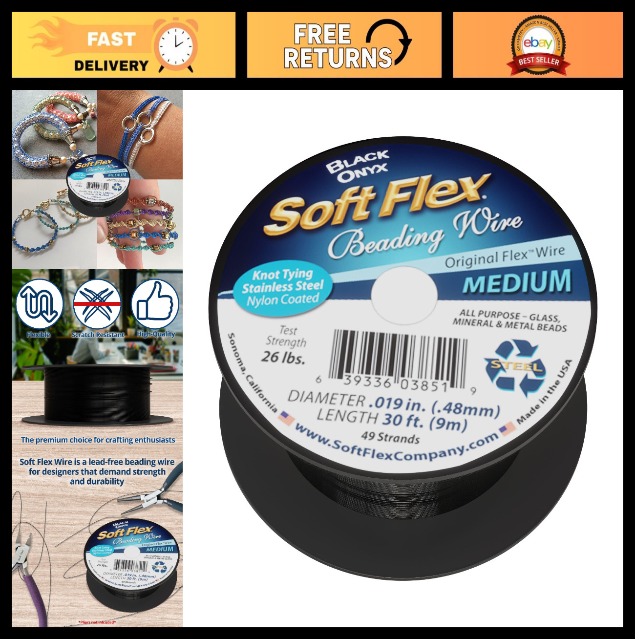 49 Strand Beading Wire – Soft Flex Medium 0.19mm Diameter – 30ft Nylon Jewelry M