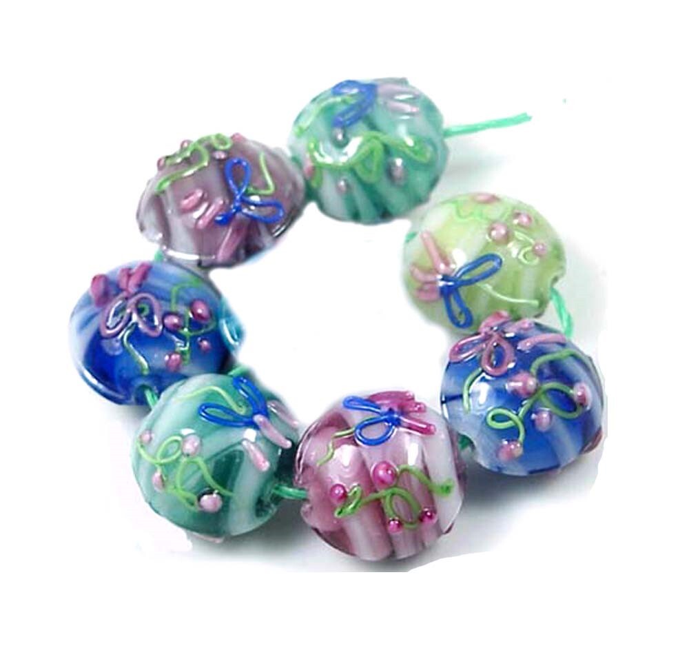 6 Handmade Lampwork Glass “Spunky Garden” Lentil Coin beads 16mm