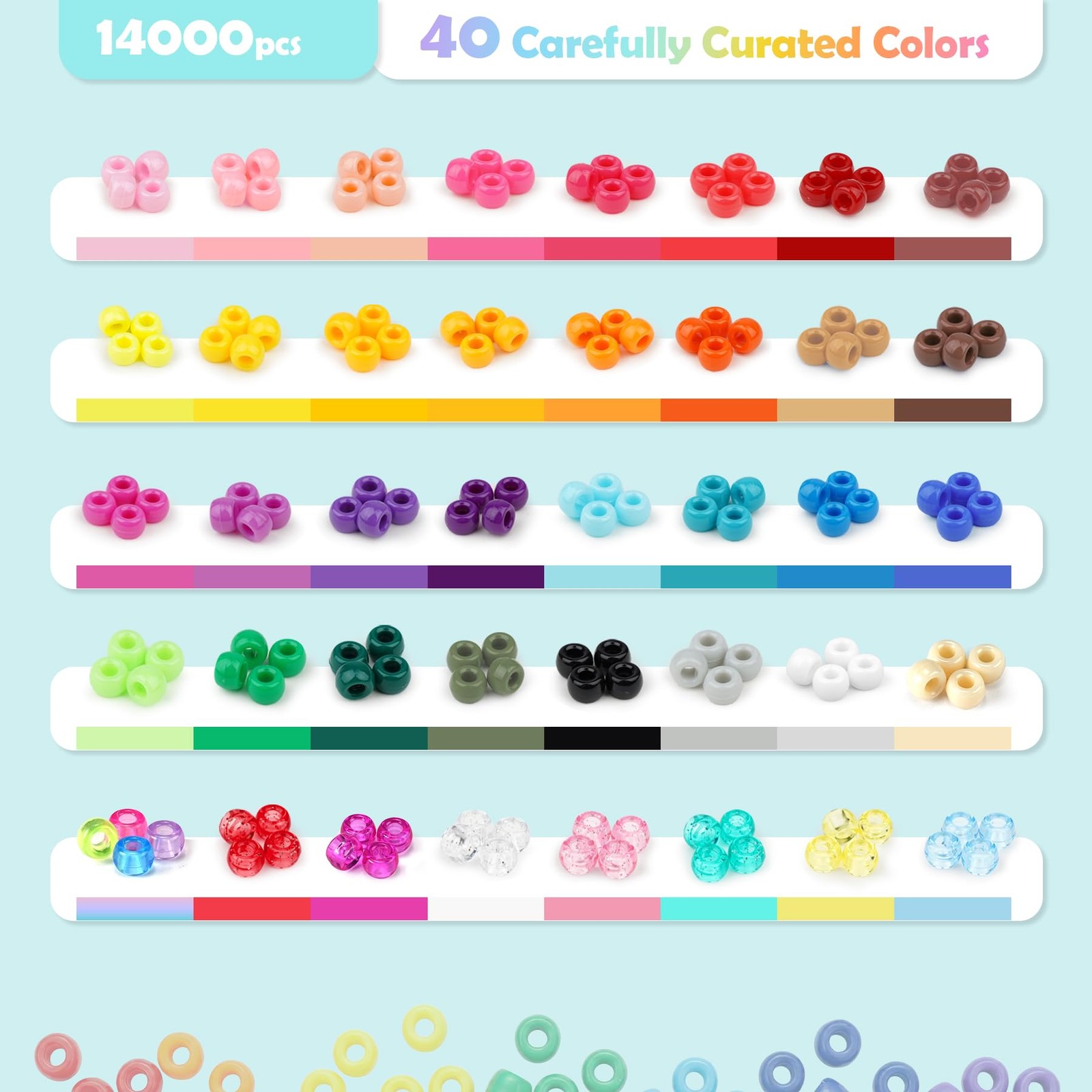 14000Pcs Pony Beads Kit, 40 Colors Rainbow Rave Kandi Beads for Bracelets wit…