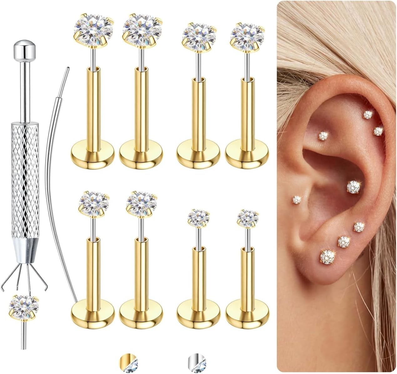 4 Pairs Moissanite Flat Back Earrings Hypoallergenic-Threadless Push in Nose …