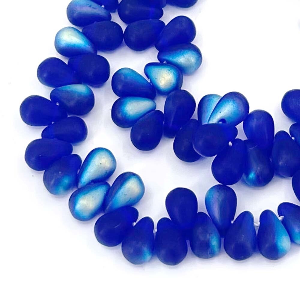 50 Czech Glass Teardrop Beads Tear Drops Matte – Cobalt Blue AB moonstone