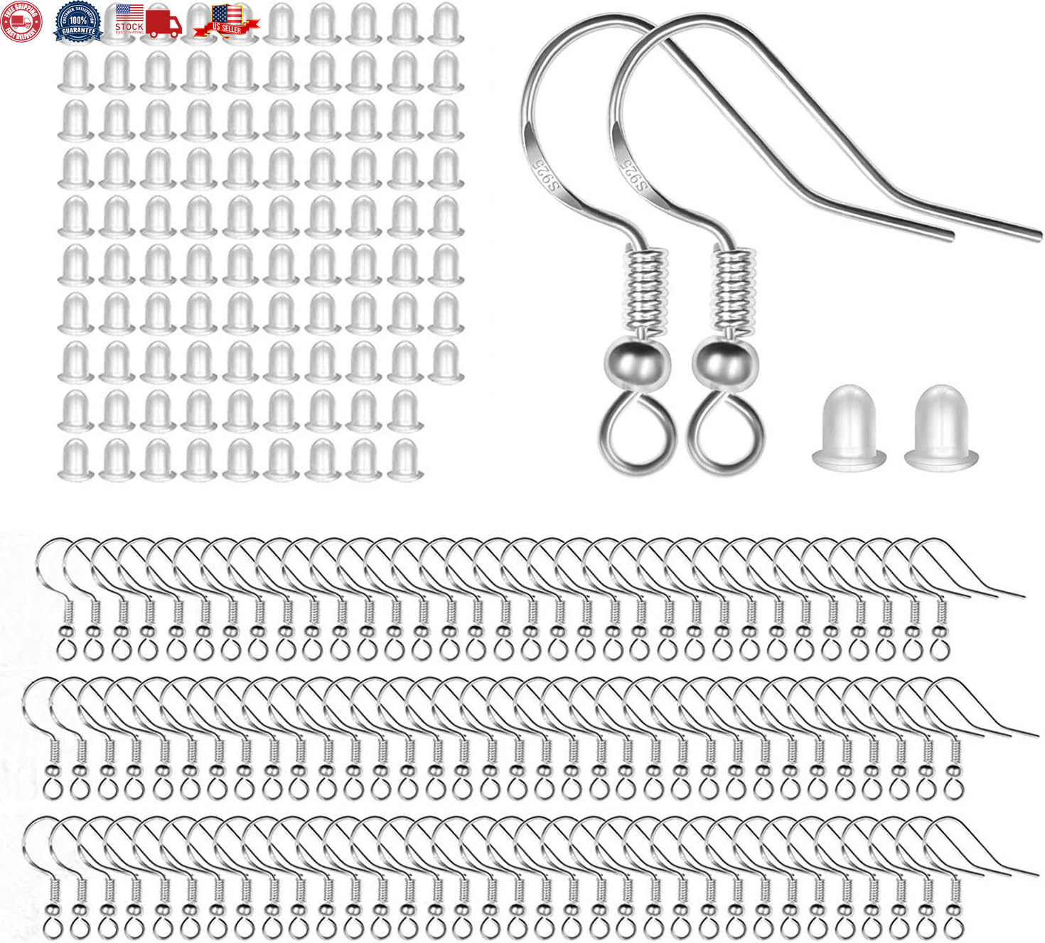 100 PCS / 50 Pairs 925 Sterling Silver Earring Hooks Hook Ear Wires with 100
