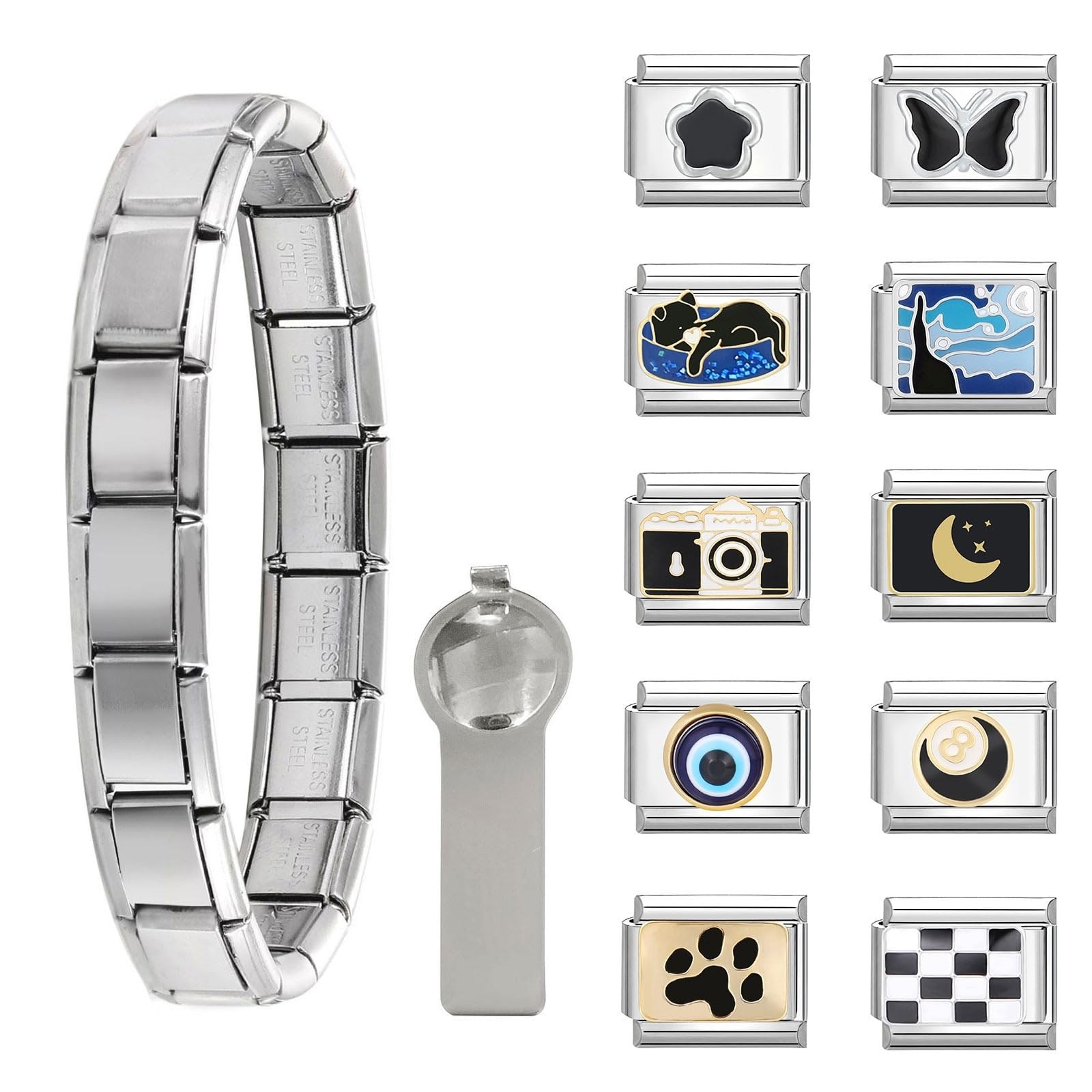 Italian Charm Bracelet Gold Silver Set with Starter Brascelet, Assorted Charms a