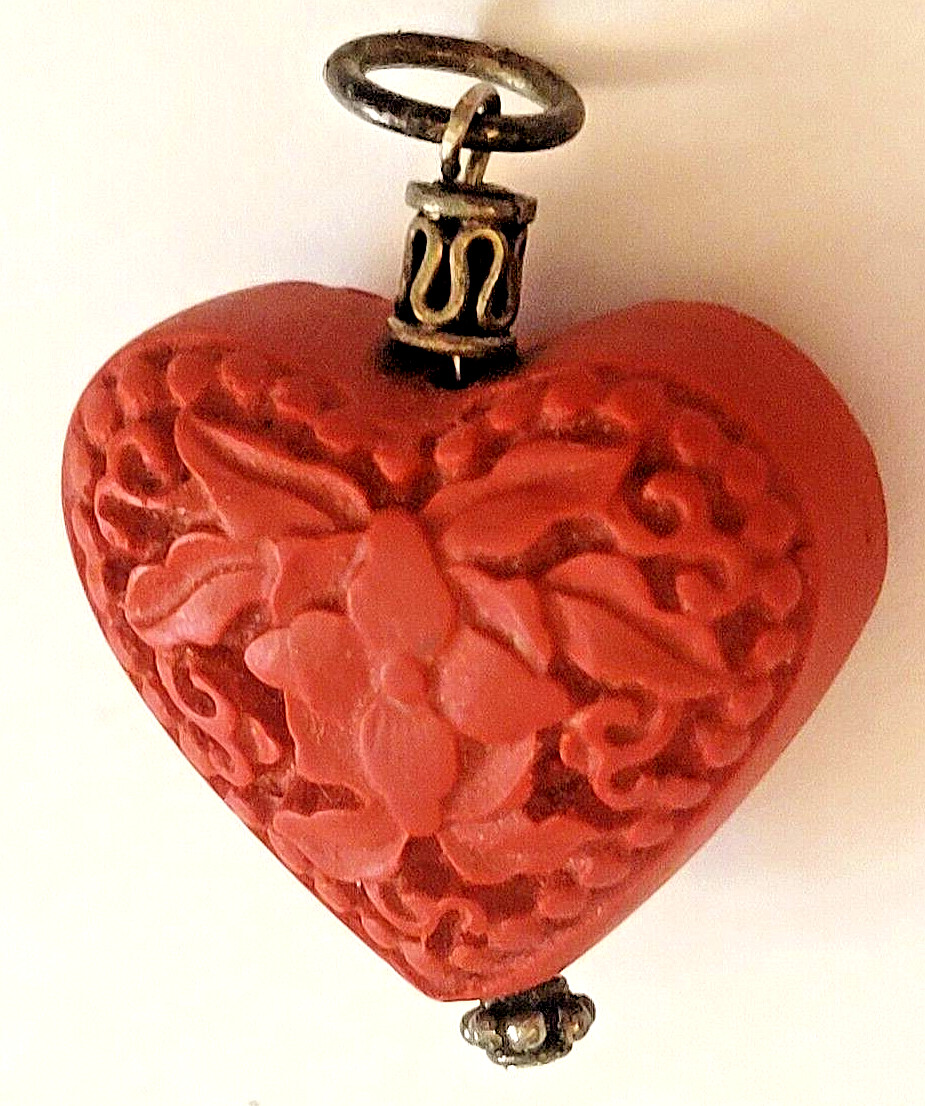 Heart Pendant, Cinnabar-red-color, unknown material 1″ x 1″ x 1/2″, Gift-boxed