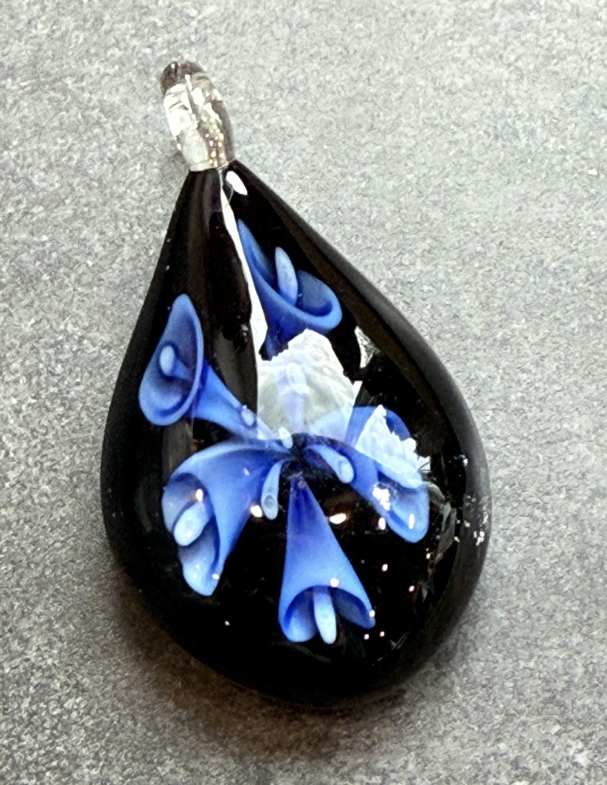 Hand Made Artisan Glass Pendant Flower Blue & Black for Crafting Jewelry