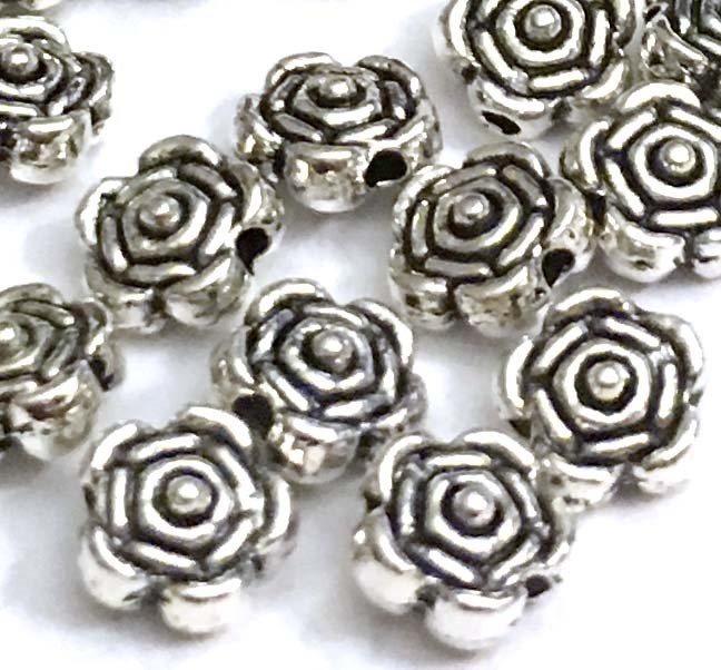 20 Antique Silver Pewter Rose Flower 6x4mm Beads design on both side