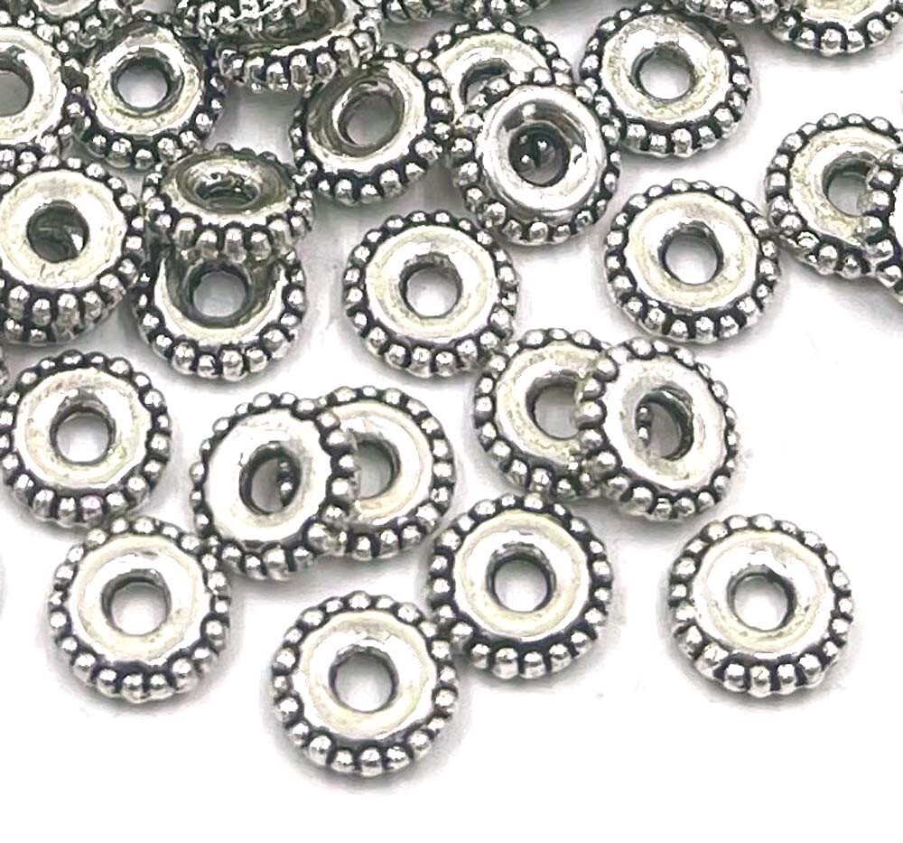 50 Rondelle Daisy Bali Style Antique Silver Pewter Spacer Flat Round beads 5mm