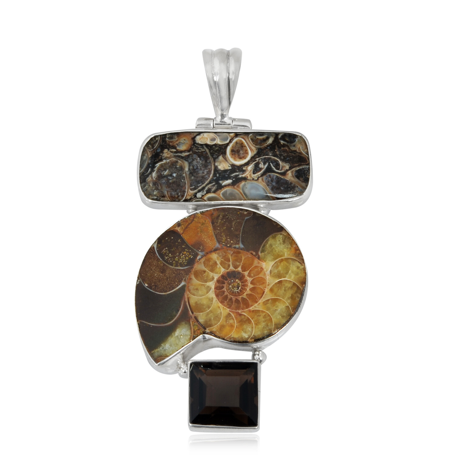 Pure Sterling Silver Ammonite,Jasper and Smoky Quartz jewelry Pendant/ Halloween