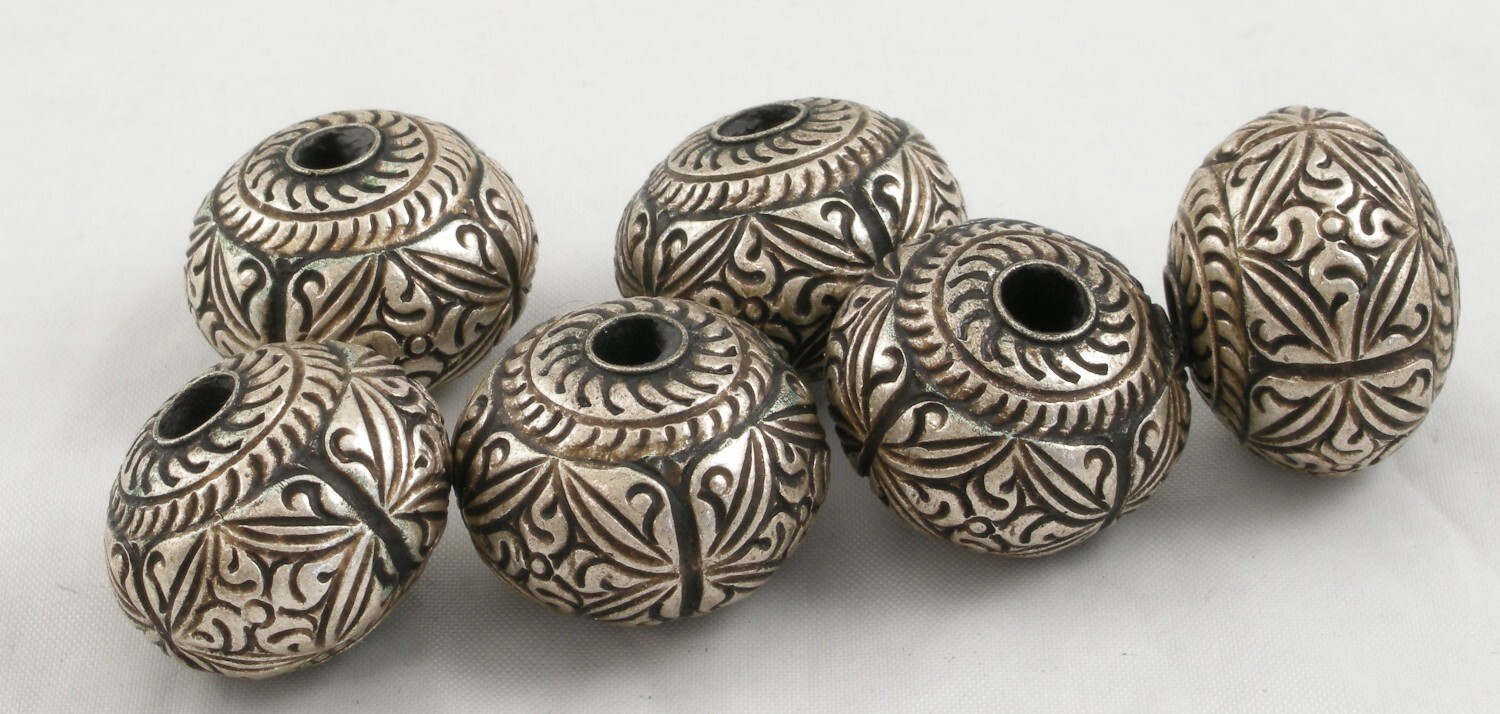 Six 97% Silver Traditional Antique Thai/Khmer 22mm X 16mm Silver Beads – Unused