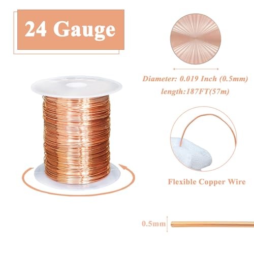 99.98% Bare Copper Wire 24Gauge (0.019″) 187ft (57m) Copper Wire 24 Gauge,187FT
