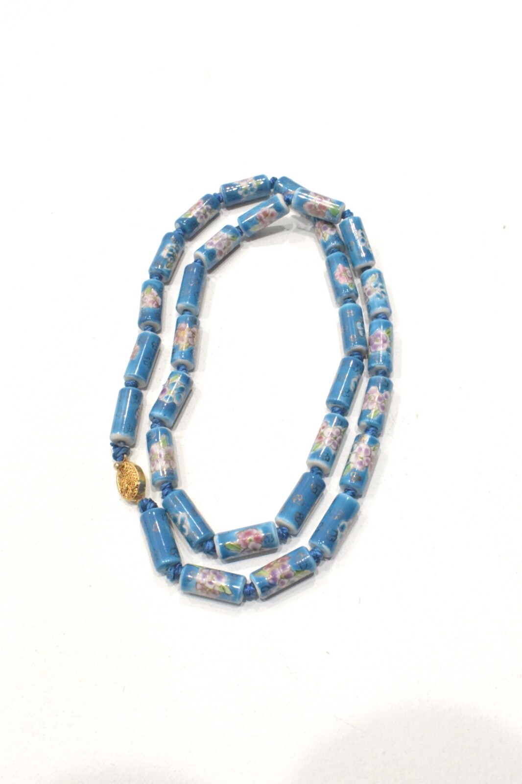 Chinese Porcelain Tube Blue Strand Necklace 24″