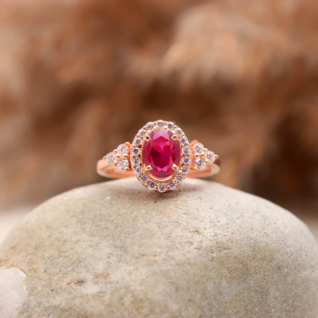 Ruby Moissanite Halo Ring | 925 Sterling Silver | Oval Red Ruby Engagement Ring