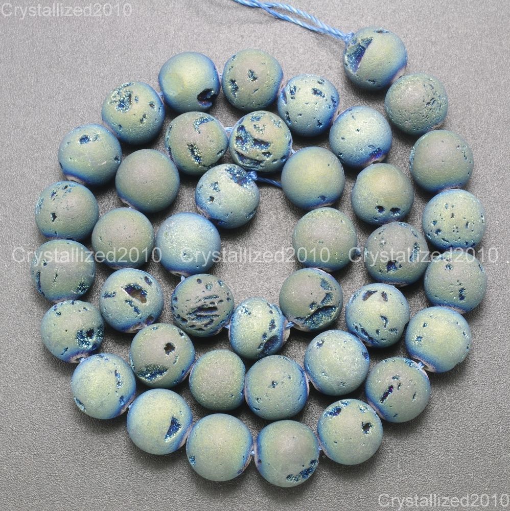 Metallic Titanium Coated Druzy Quartz Agate Gemstones Round Beads 8mm 10mm 15″