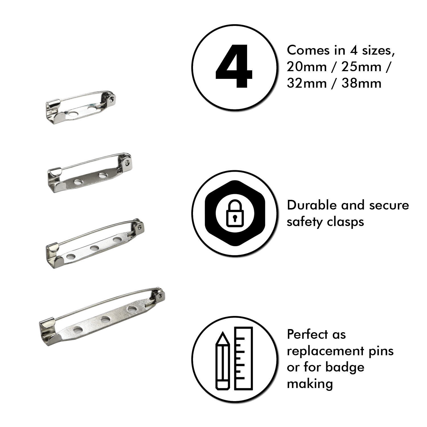 Bar Pins Brooch Clasp Pin Backs Safety Pin Silver Name Tags Badges 20/25/32/38mm