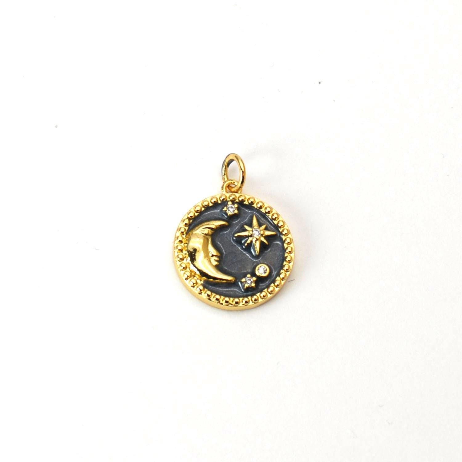1Piece 18K Gold Plated Brass Star, Crescent Moon Enamel Charm Pendant GADW89