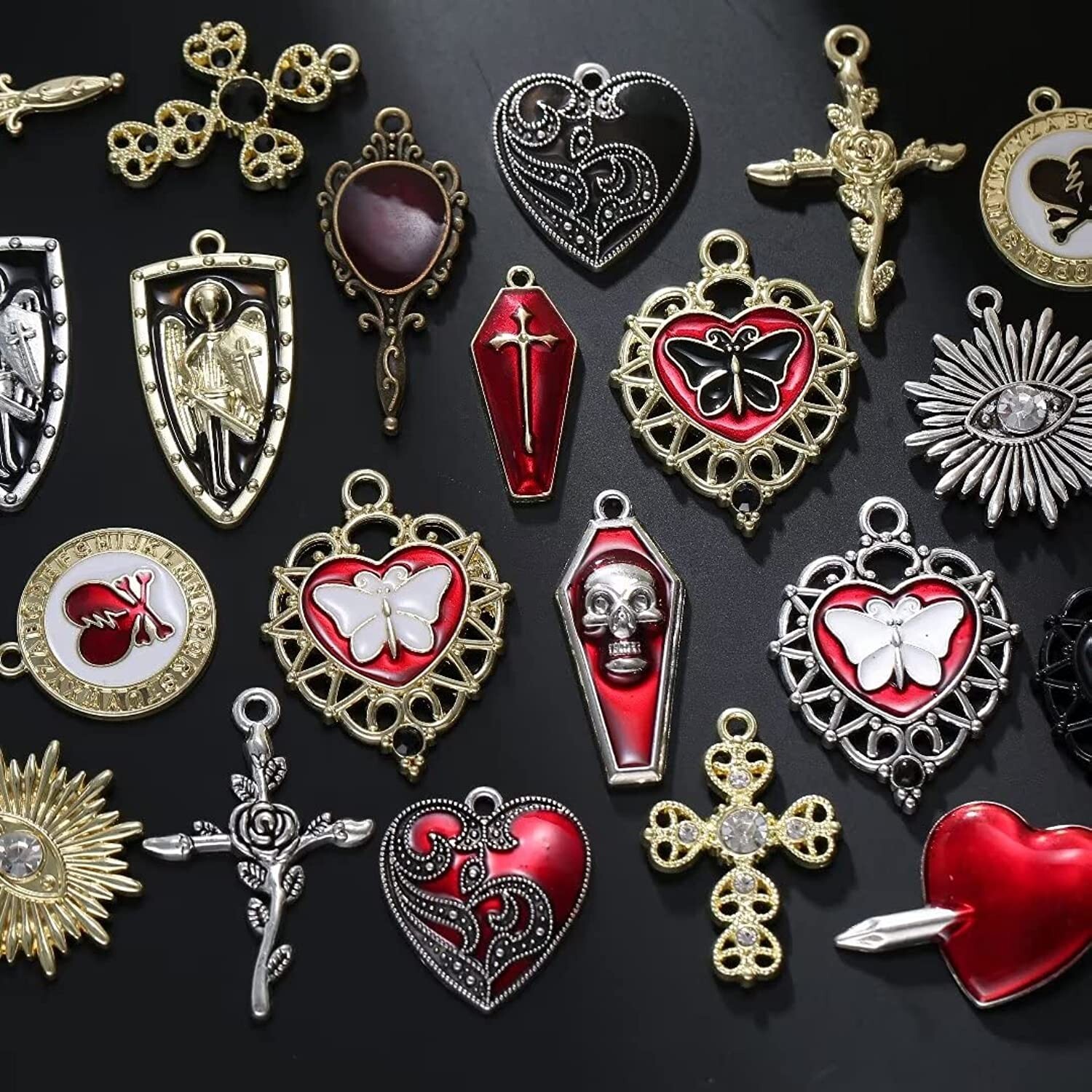 4 Gothic Charms Death Pendants Halloween Findings Gold Black Enamel Set Mixed