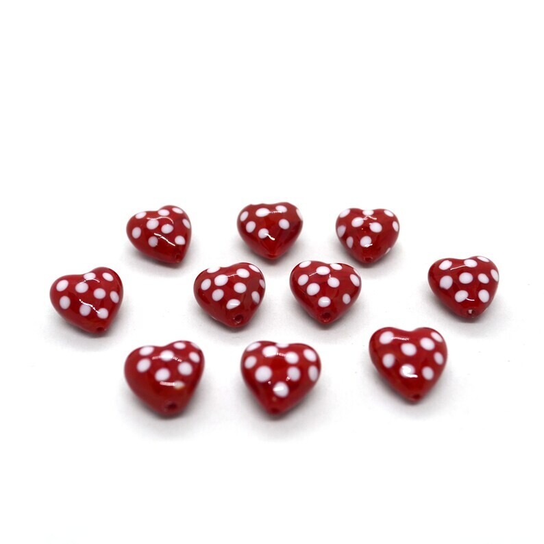 (10 pcs) Red/White Dots Heart Beads- Lampwork Beads, Approx 15x15mm