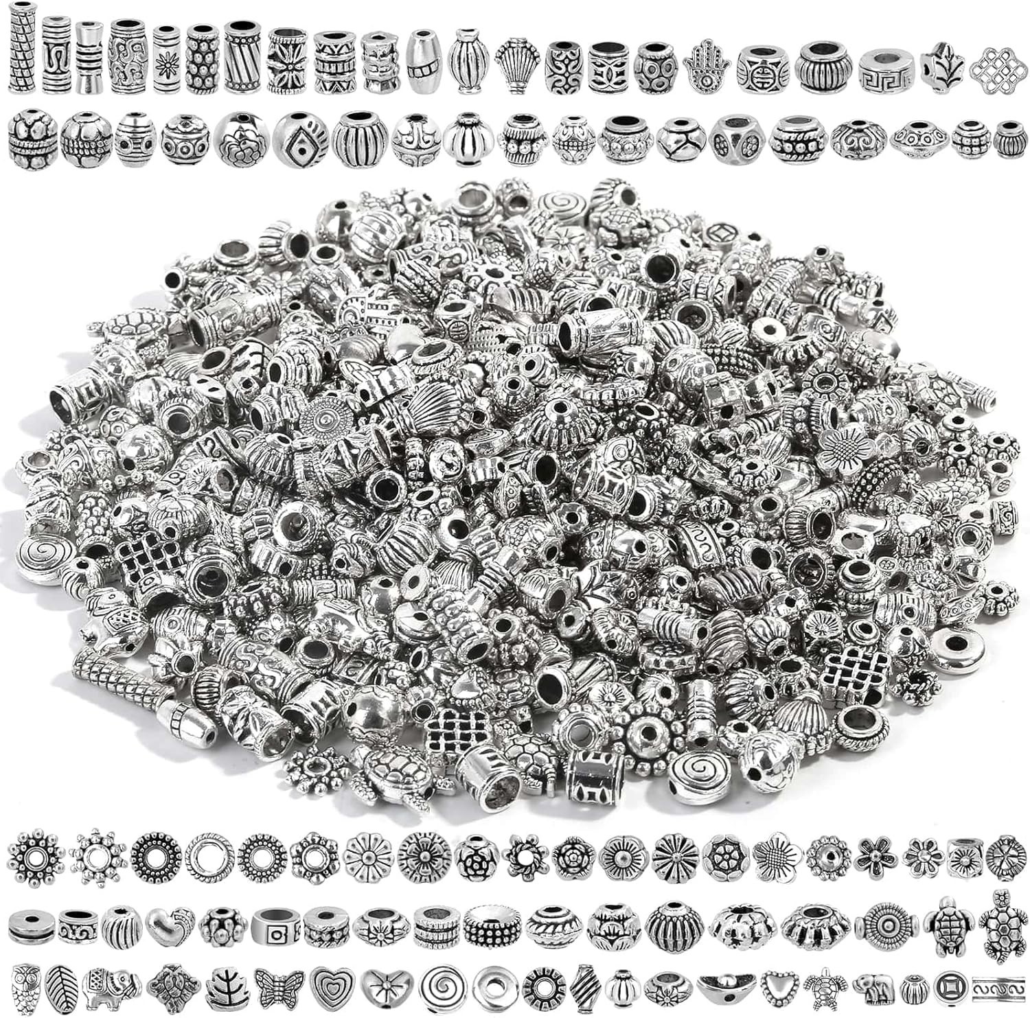 500 Pcs Bracelet Spacer Beads, Silver Bulk Random Styles Loose Spacer Metal C…
