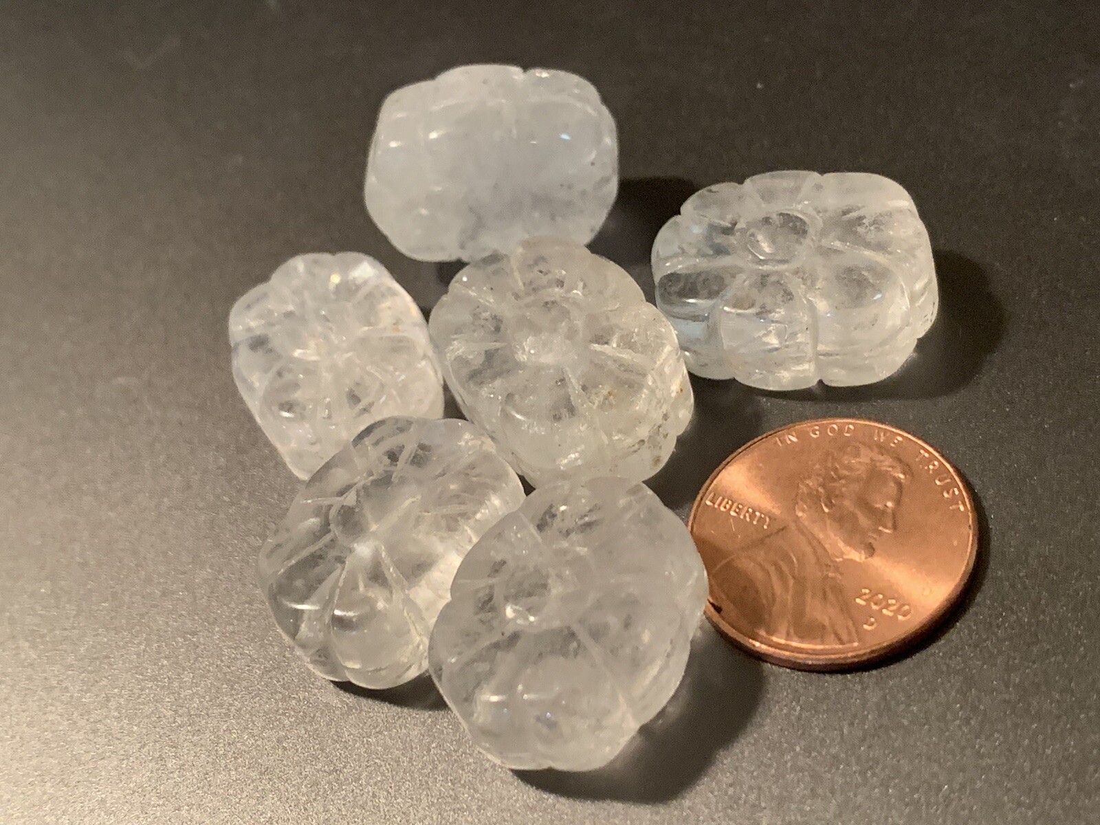 Vintage Carved Chinese Bead Clear Quartz Crystal Flower Shape 20mm x 15mm x 8mm