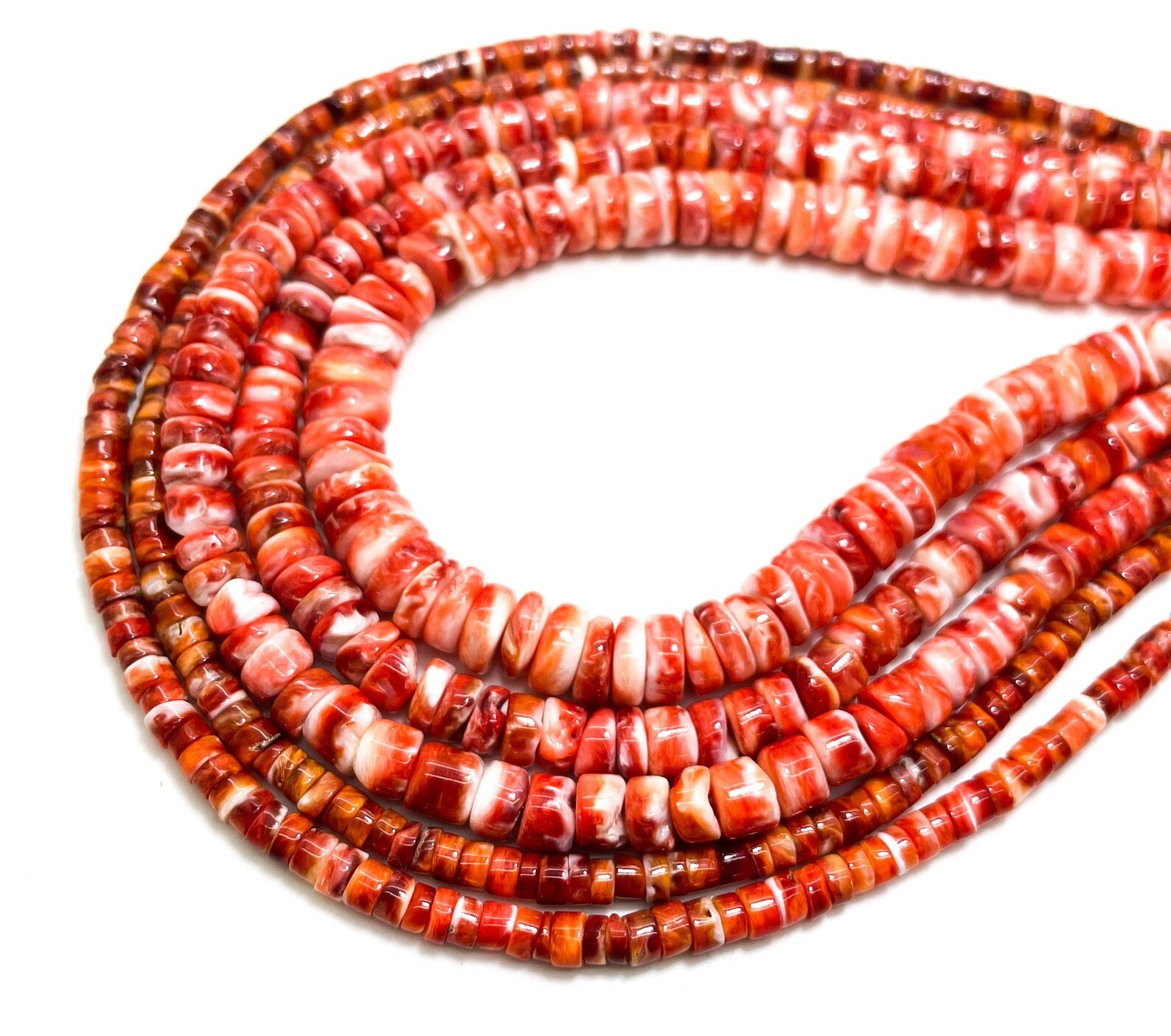 Spiny Oyster Shell Rondelle Beads, Smooth Heishi Style Red White Orange PG221A