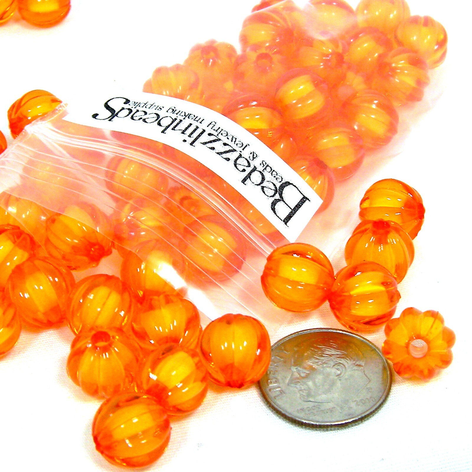 50 Orange Corrugated 10mm Round Ribbed Autumn Pumpkin Beads in a Plastic Bead