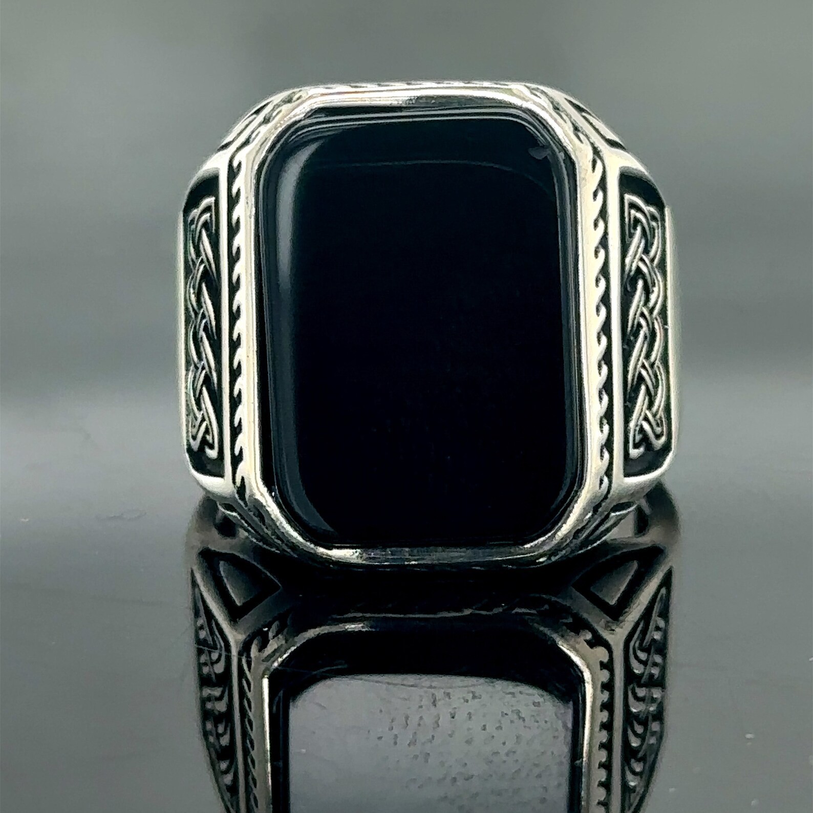 Men 925 Sterling Silver Black Onyx Ring Celtic Knot Motif State Band Handmade