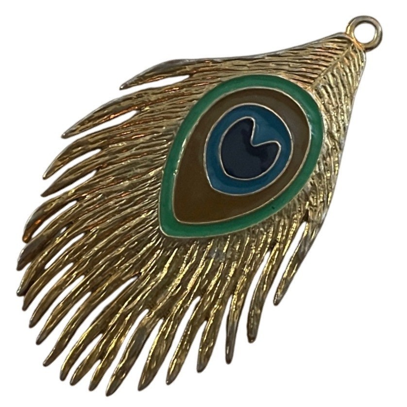 Vintage Gold Tone Peacock Feather Enamel Pendant Charm Jewelry Making