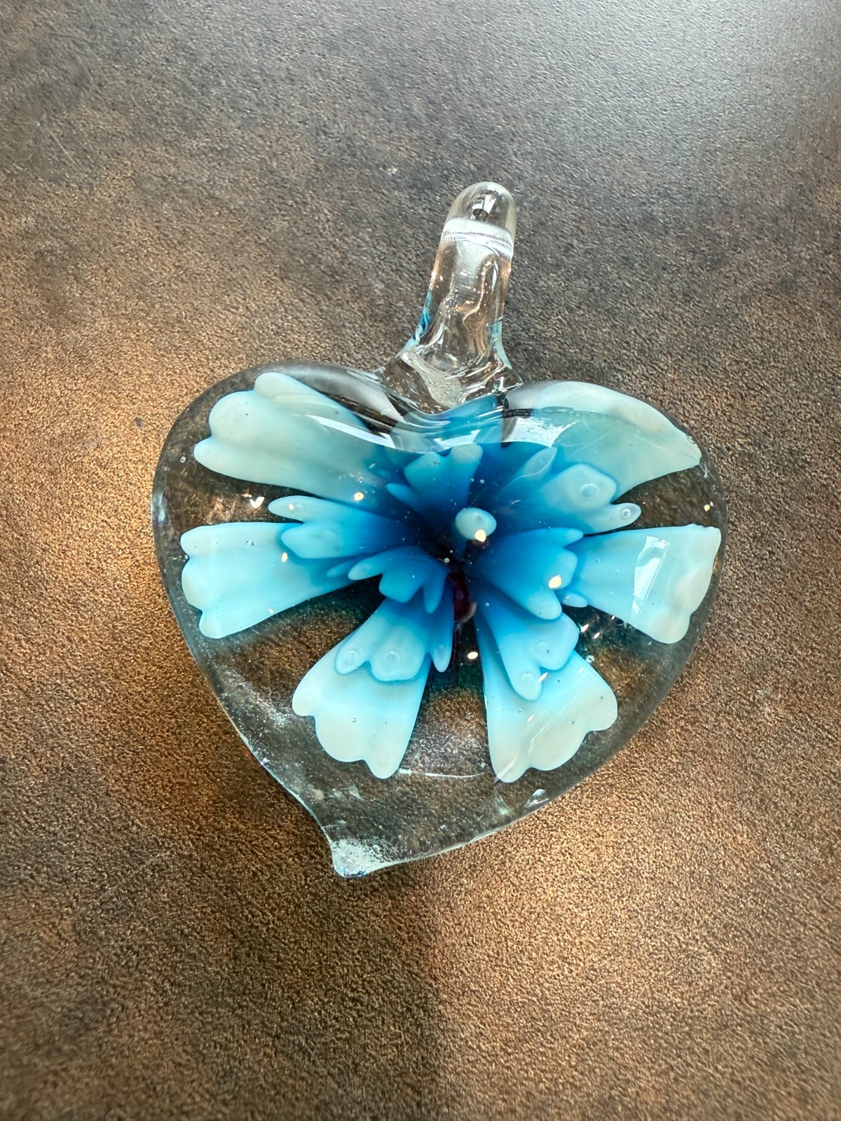 Hand Made Artisan Glass Pendant Puffy Heart Blue Flower Crafting Jewelry Making