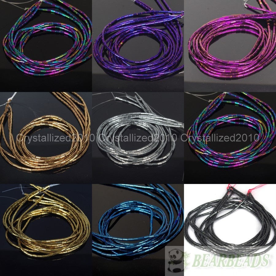 Hematite Gemstone 2mm x 4mm Tube Beads 16” Metallic Silver Gold Blue Purple
