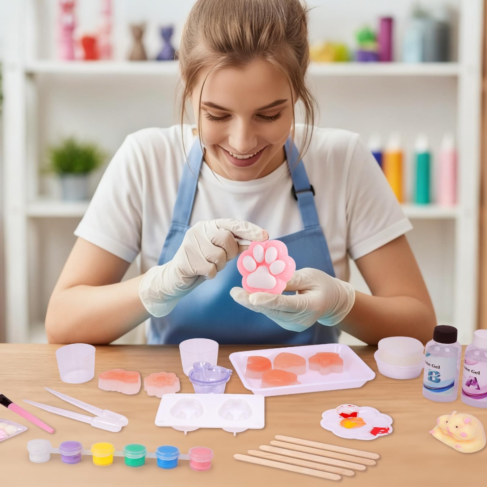 DIY Squishy Kit for Beginners – 7oz 1:1AB Gel, 10 Molds, Flocking Powder, Stress