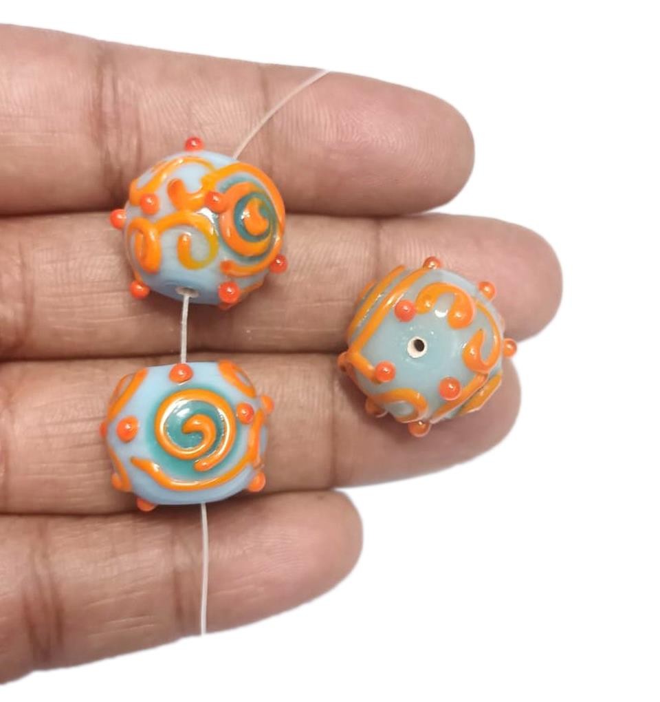 Qty. 10 – 16mm Round Bumpy & Swirly Blue, Orange & Green Lampwork Glass Beads