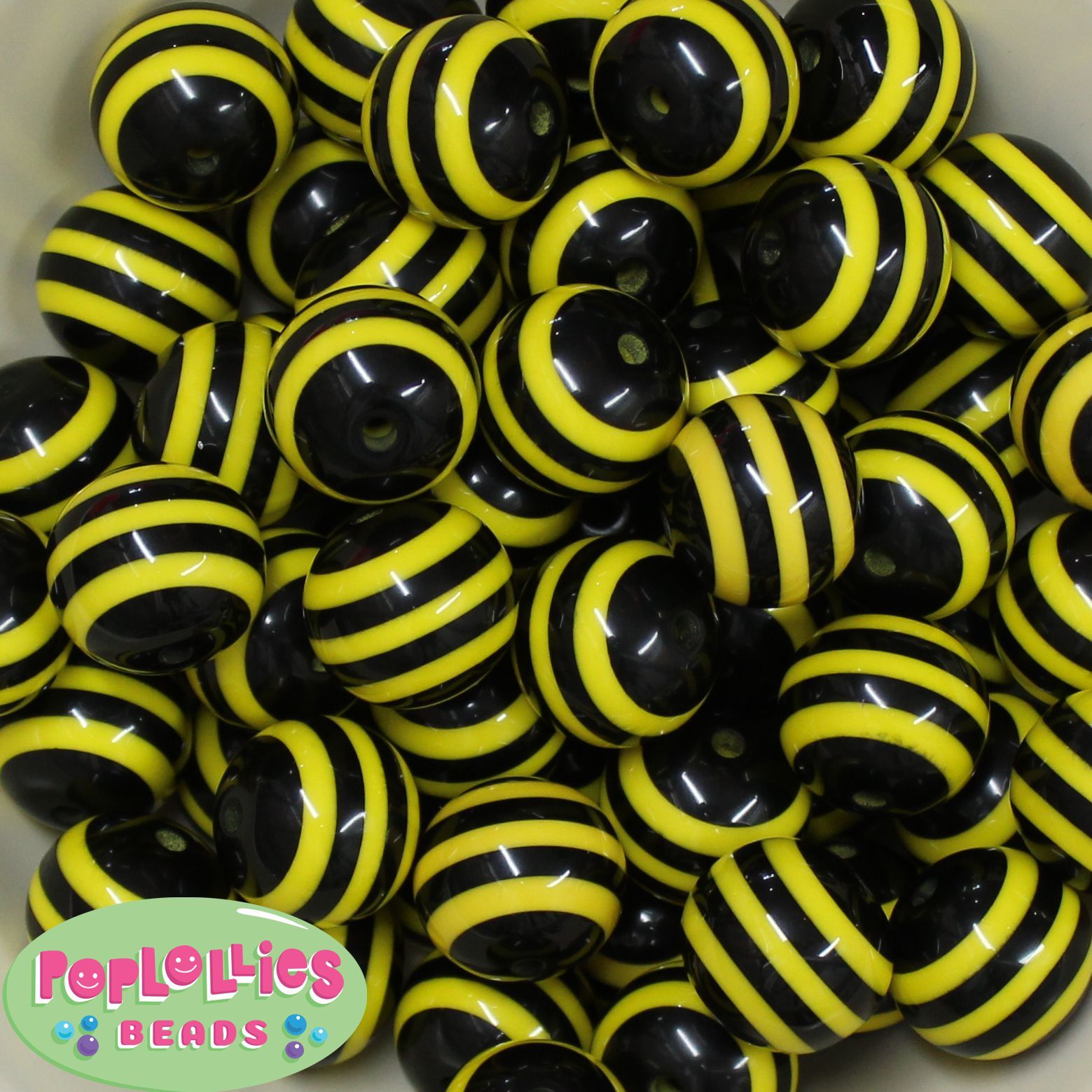 20mm Black and Yellow Bee Stripe Resin Chunky Bubblegum Beads 20 pc