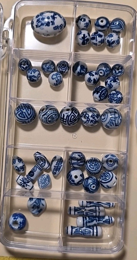 Vintage Asian Chinese Blue White & Beads Porcelain Mix/Longevity Beads 42 Pieces