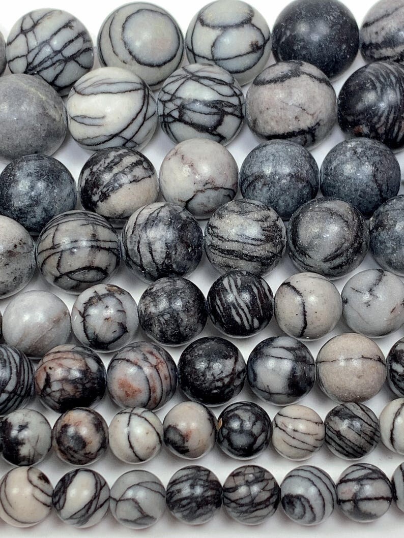 Natural Black Spider Web Stripes Jasper Smooth Round Beads 15.5″ Strand Gemstone