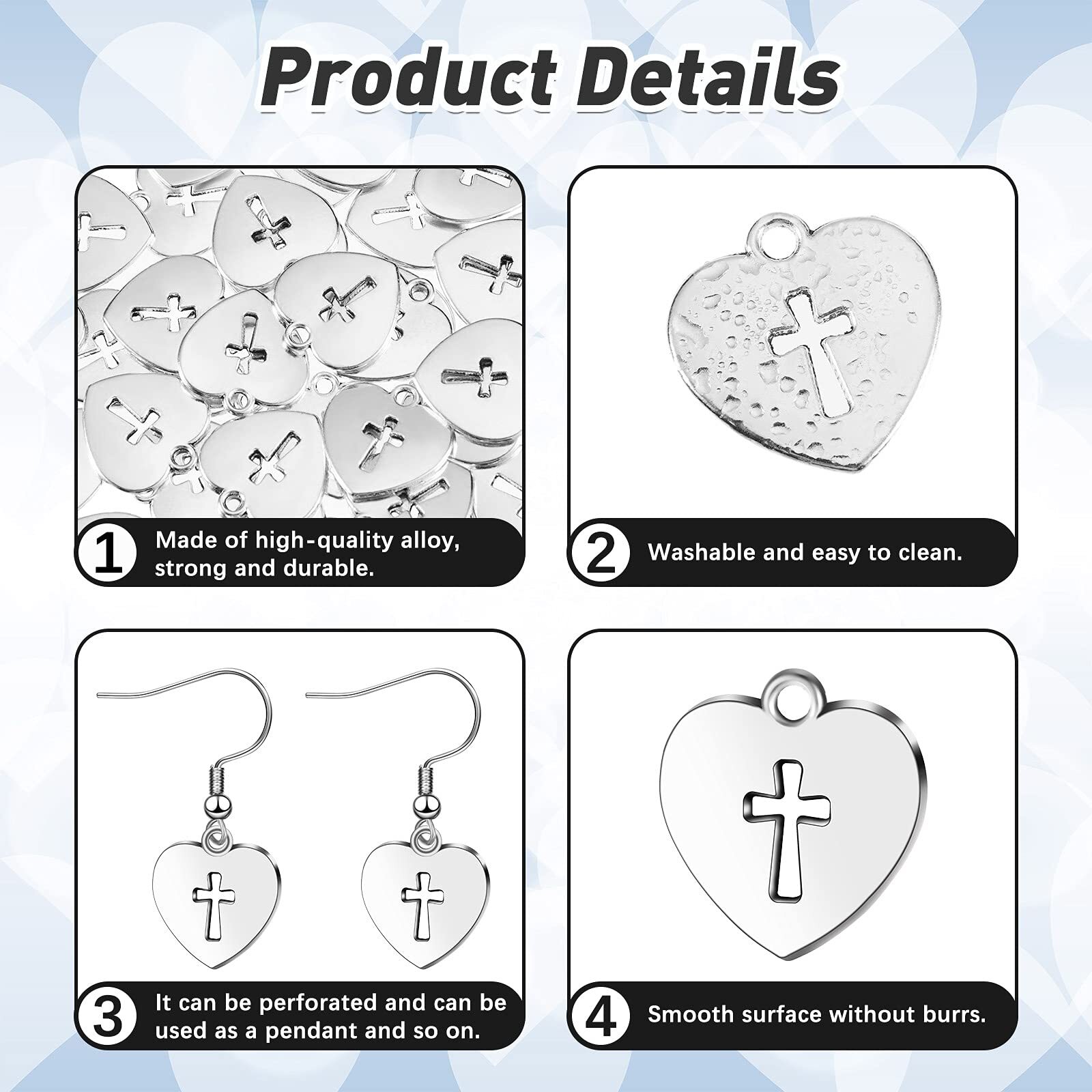 100 Pcs Silver Religious Charms – Cross Alloy Metal Heart Cross Pendants
