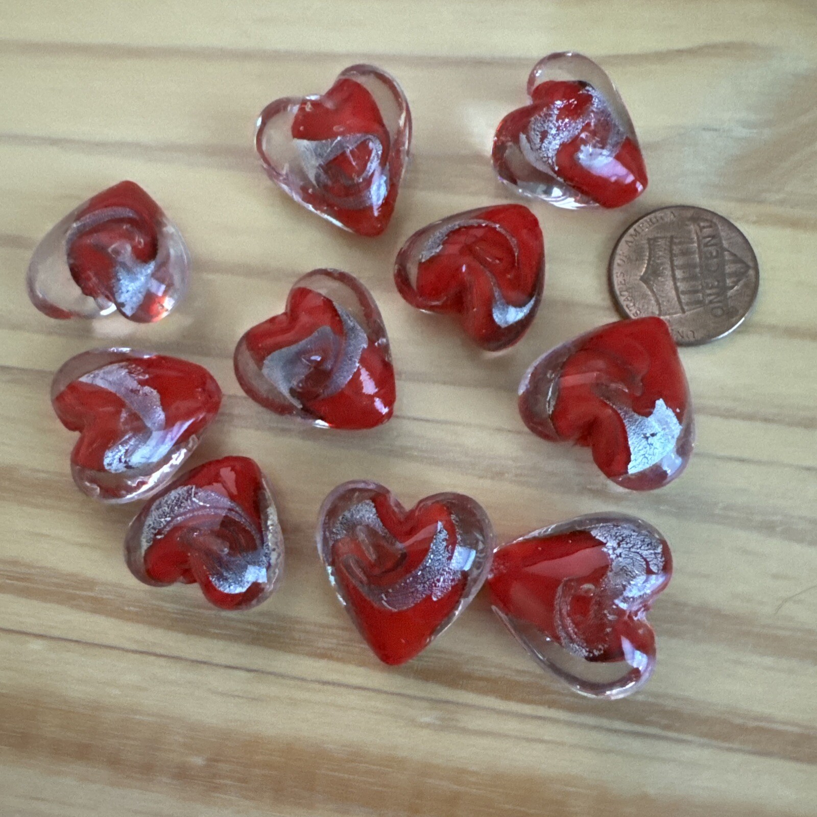 10 RED SILVER FOIL LAMPWORK HEART BEADS 20mm – Assorted DIY JEWELRY MAKING