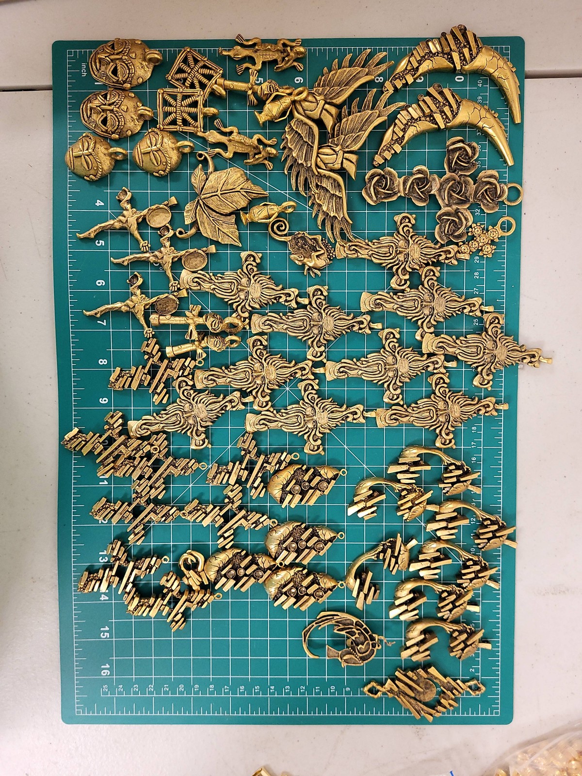 50+ Gold Tone Pendants Charms Lot Crosses Faces Leaves Eagle Jewelry Making