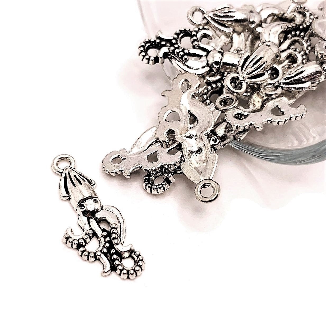 Small Silver Squid Charms, 25x10mm – US Seller